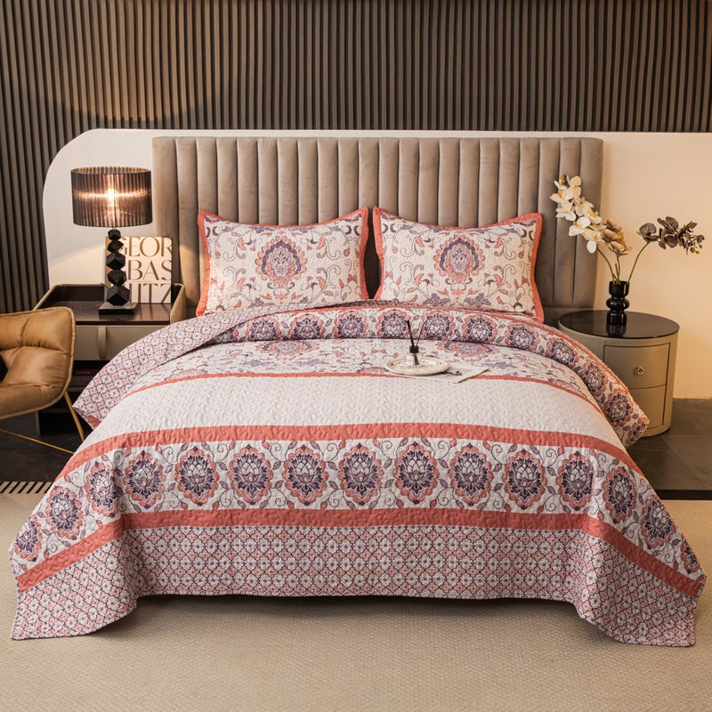 BEITE FIBER Bohemian Queen Size Quilt Comforter Sets 3 Pieces Quilts (1 Quilt, 2 Pillow Shams) Nordic Bedding Set Printed Coverlet with Pillowcase Lightweight Bedspread Set for All Seasons(Pink) - Image 1