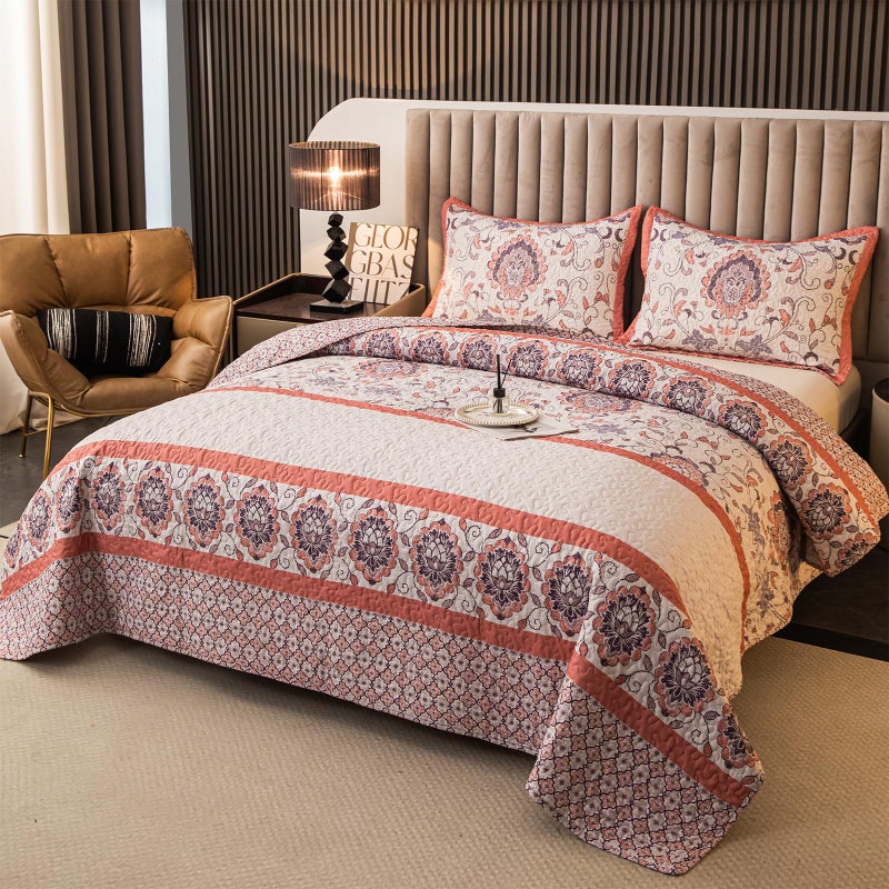 BEITE FIBER Bohemian Queen Size Quilt Comforter Sets 3 Pieces Quilts (1 Quilt, 2 Pillow Shams) Nordic Bedding Set Printed Coverlet with Pillowcase Lightweight Bedspread Set for All Seasons(Pink) - Image 4