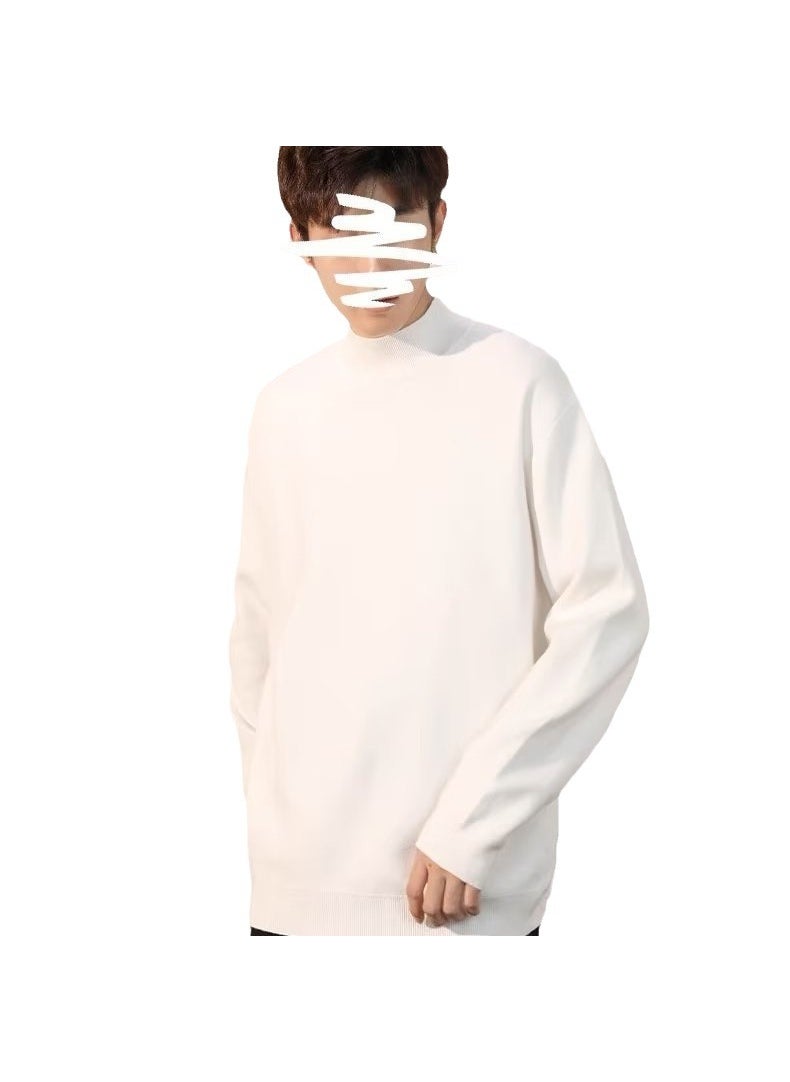 Generic - Loose Fit Mens Knitted Sweater Half High Collar Long Sleeve Winter Fashion Youthful Korean Style Cotton Wool Blend Base Layer Shirt Black - Image 1