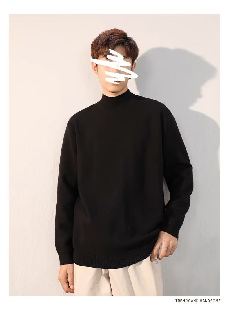 Generic - Loose Fit Mens Knitted Sweater Half High Collar Long Sleeve Winter Fashion Youthful Korean Style Cotton Wool Blend Base Layer Shirt Black - Image 1