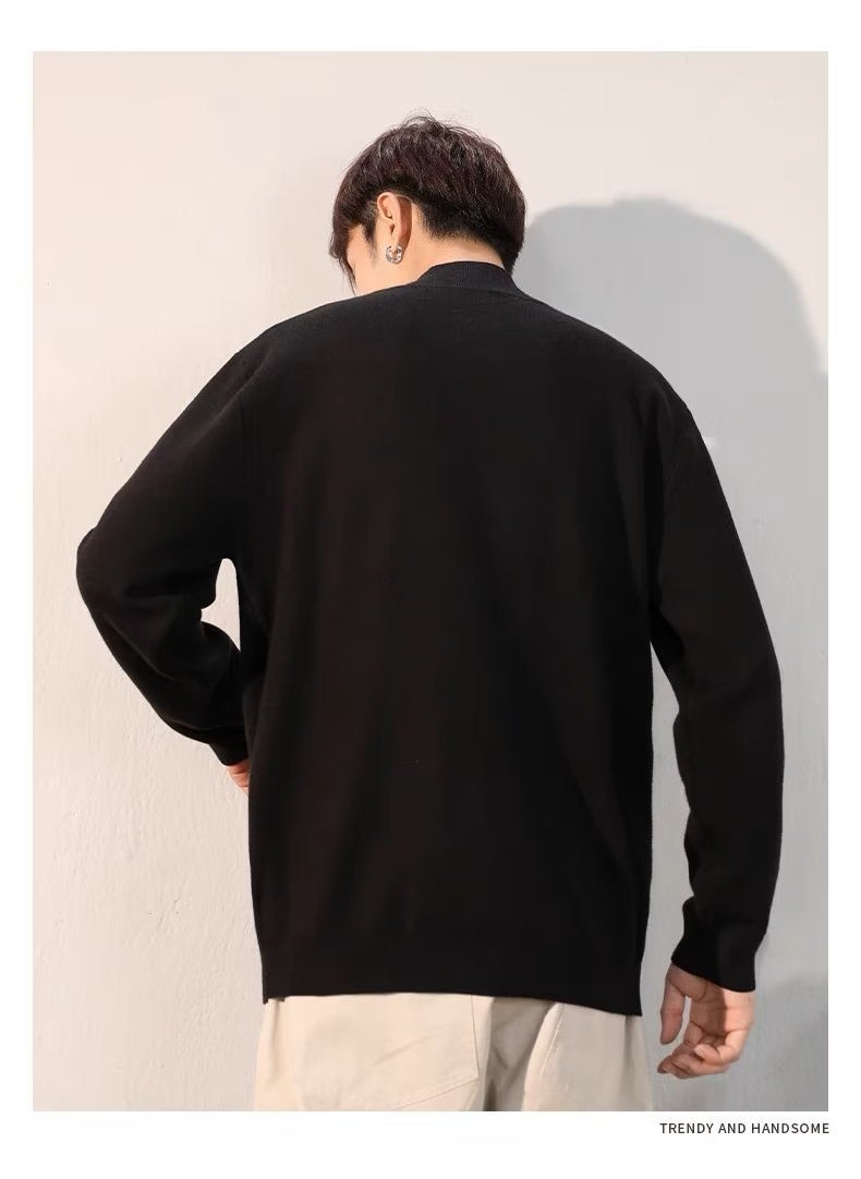 Generic - Loose Fit Mens Knitted Sweater Half High Collar Long Sleeve Winter Fashion Youthful Korean Style Cotton Wool Blend Base Layer Shirt Black - Image 1