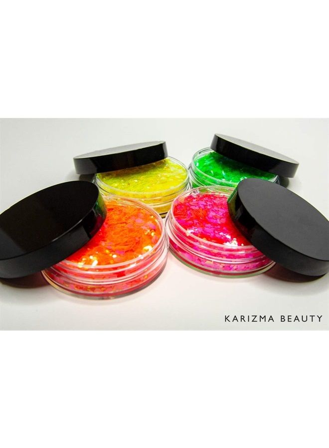 KARIZMA ليالي نيون! 4x 10g جليتر وجه سميك، جليتر شعر، جليتر عيون وجليتر جسم للنساء والرجال. جليتر ريف، ملحقات مهرجان ومكياج جليتر تجميلي. - Image 3