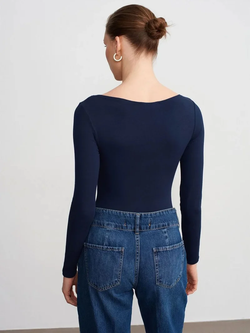 ديلفين Dilvin Slim Fit Boat Neck Bodysuit
