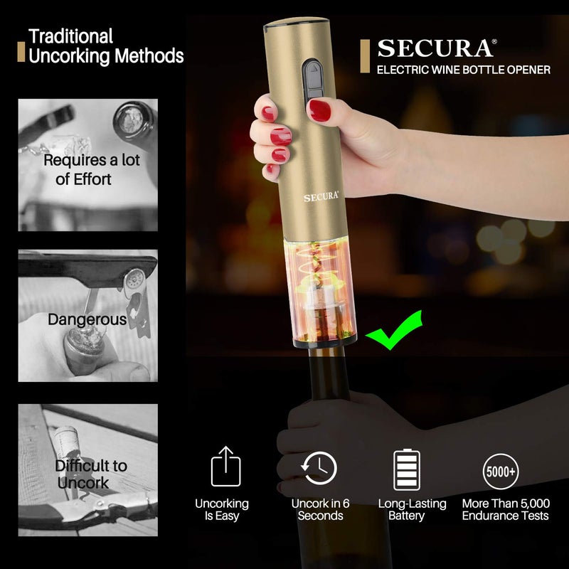 Secura Electric Wine Opener, Automatic Bottle Corkscrew Opener with Foil Cutter, Rechargeable (Champagne Gold) - Image 2