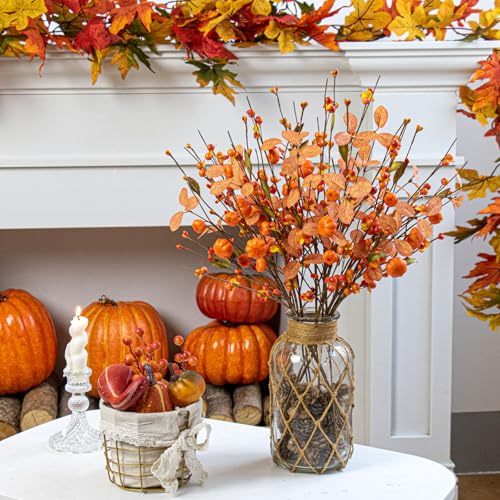 JINGHONG Artificial Fall Decorations 12 Pack Fall Pumkin Picks 17 Inch Orange Berry Stems with Eucalyptus Leaves for Autumn Thanksgving Day Harvest Festival Flower Arrangement Centerpieces DIY Crafts - Image 3
