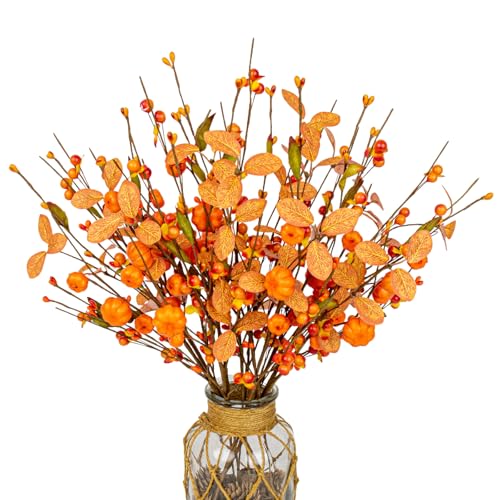 JINGHONG Artificial Fall Decorations 12 Pack Fall Pumkin Picks 17 Inch Orange Berry Stems with Eucalyptus Leaves for Autumn Thanksgving Day Harvest Festival Flower Arrangement Centerpieces DIY Crafts - Image 1