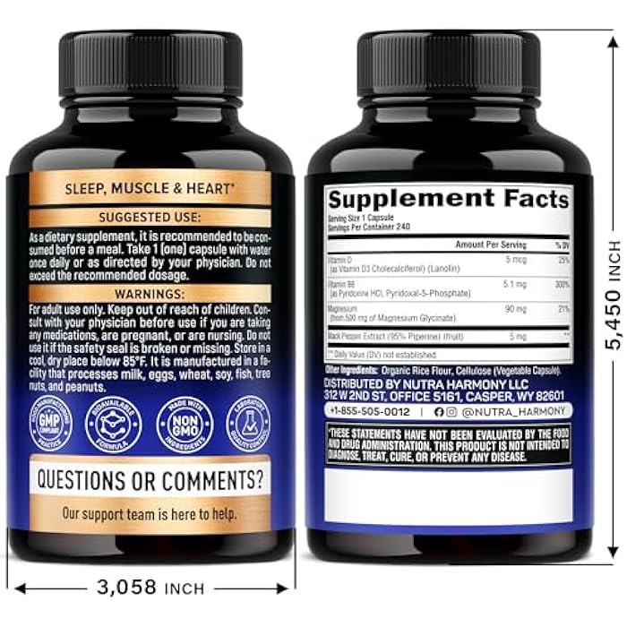 NUTRAHARMONY Magnesium Glycinate 500 mg - Chelated Supplement - High Absorption Form of Magnesium - Support for Sleep, Muscle & Heart Health - Made in USA, Lab Tested & Non-GMO - 240 Capsules - Image 2