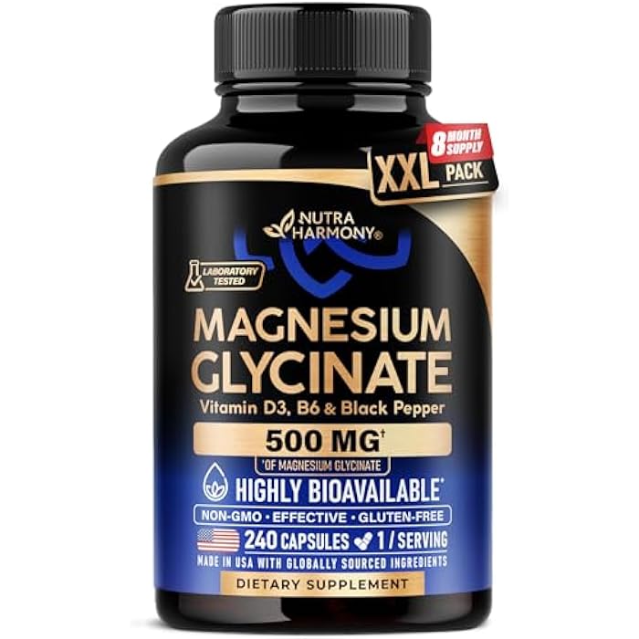 NUTRAHARMONY Magnesium Glycinate 500 mg - Chelated Supplement - High Absorption Form of Magnesium - Support for Sleep, Muscle & Heart Health - Made in USA, Lab Tested & Non-GMO - 240 Capsules - Image 1