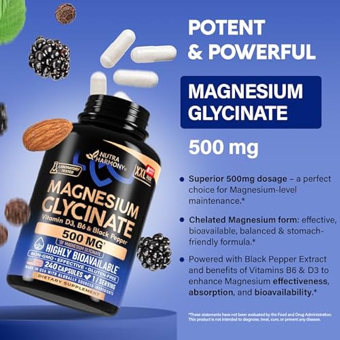 NUTRAHARMONY Magnesium Glycinate 500 mg - Chelated Supplement - High Absorption Form of Magnesium - Support for Sleep, Muscle & Heart Health - Made in USA, Lab Tested & Non-GMO - 240 Capsules - Image 4