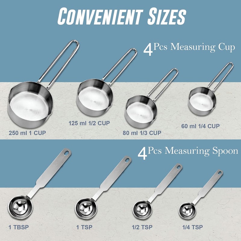 Parage Stainless Steel Measuring Cups & Spoon Combo for Dry or Liquid/Kitchen Gadgets/Cooking & Baking/Stackable Professional Measuring Cup Set with Measurement Handles (WH,Set of 4 Cups & 4 Spoons) - Image 2