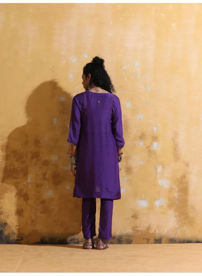 trueBrowns trueBrowns Purple Muslin Silk A-line Kurta Co-ord Set