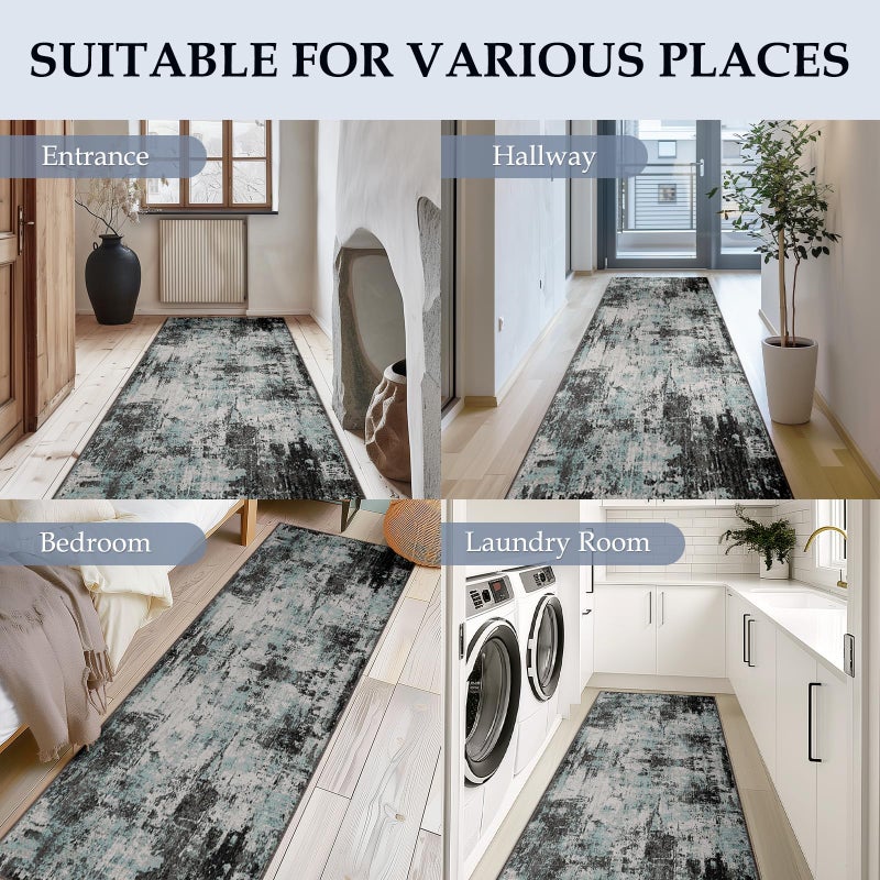 RELEANY Washable Area Rugs 2'x8' Non-Slip Modern Abstract Soft for Living Room Entryway Bedroom Nursery  Print Pattern  Blue Black Teal - Image 2