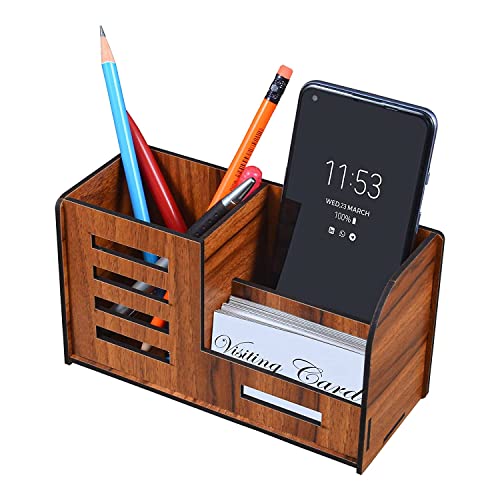 Deskart Stylish Pen Stand with Business Visiting Card & Mobile Holder | Multipurpose Wooden Desk Organizer for Office Desk and Study Table - Image 4