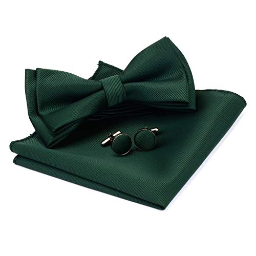 GUSLESON Dark Green Pre-tied Bow Tie Solid Bow Ties Adjustable Length Bowtie and Pocket Square Cufflink Sets (0577-02) - Image 1