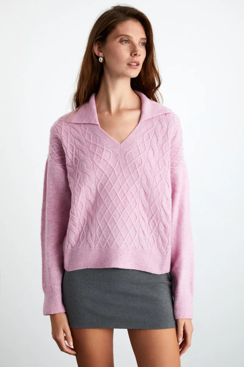 جريميلانج Nıpur Women's V Neck Recycle Knitwear Pink Sweater