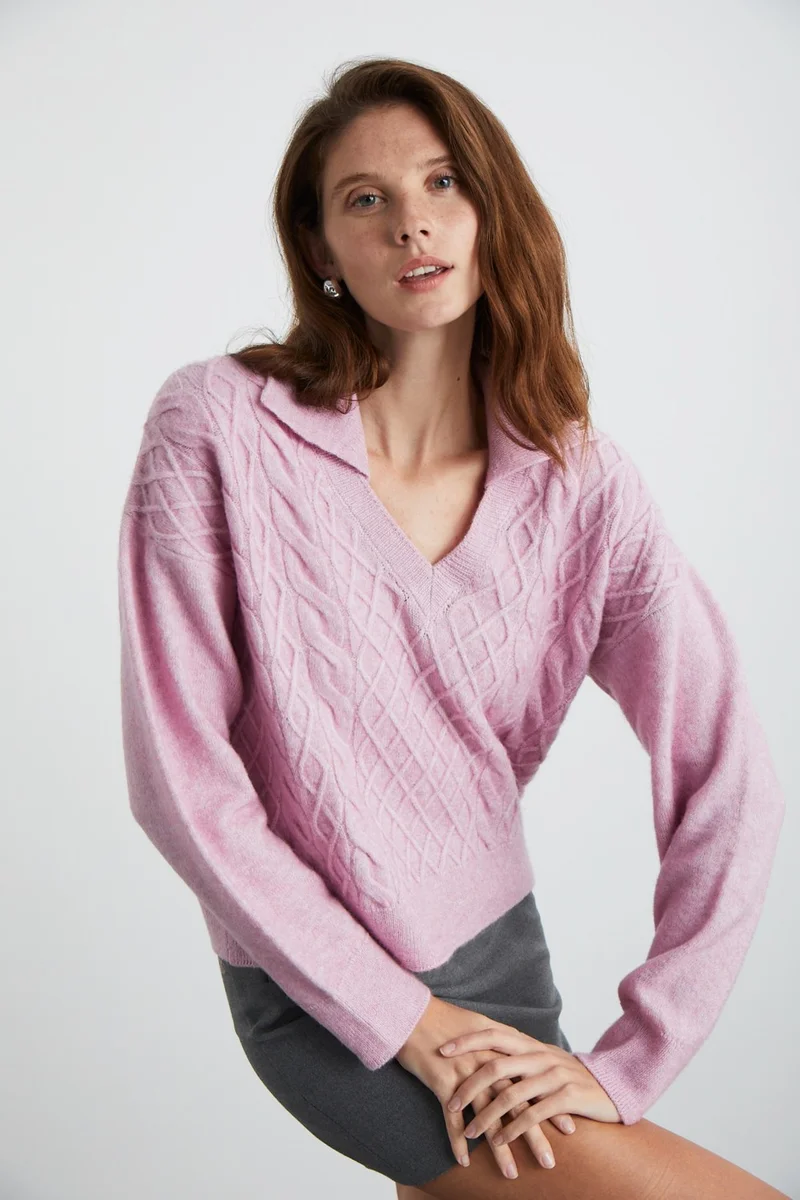 جريميلانج Nıpur Women's V Neck Recycle Knitwear Pink Sweater