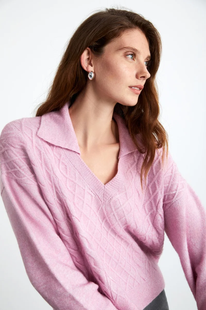 جريميلانج Nıpur Women's V Neck Recycle Knitwear Pink Sweater