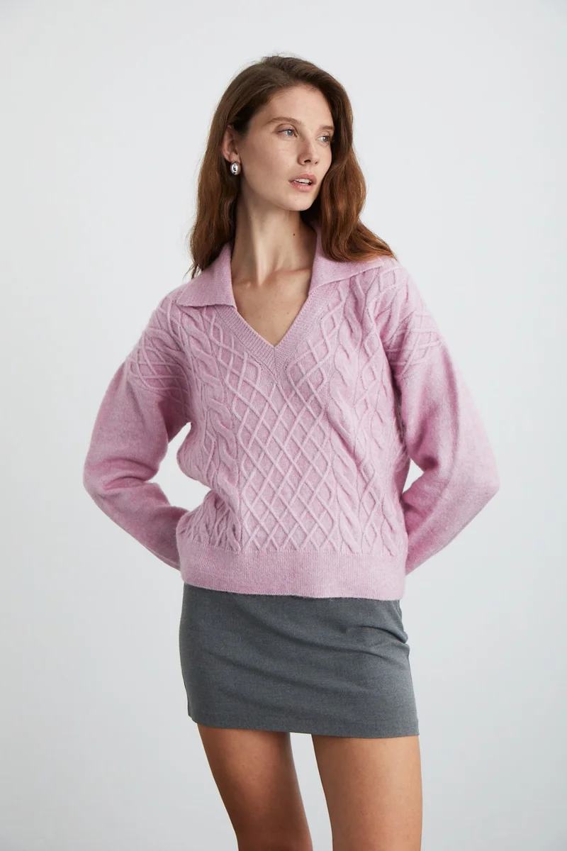 جريميلانج Nıpur Women's V Neck Recycle Knitwear Pink Sweater