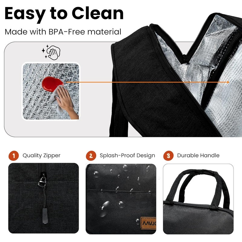 Aavjo Insulated Lunch Bag for Adults Leakproof Reusable Tote with High Capacity Perfect for Women Men Ideal for Work Travel and Outdoor Activities Black - Image 4