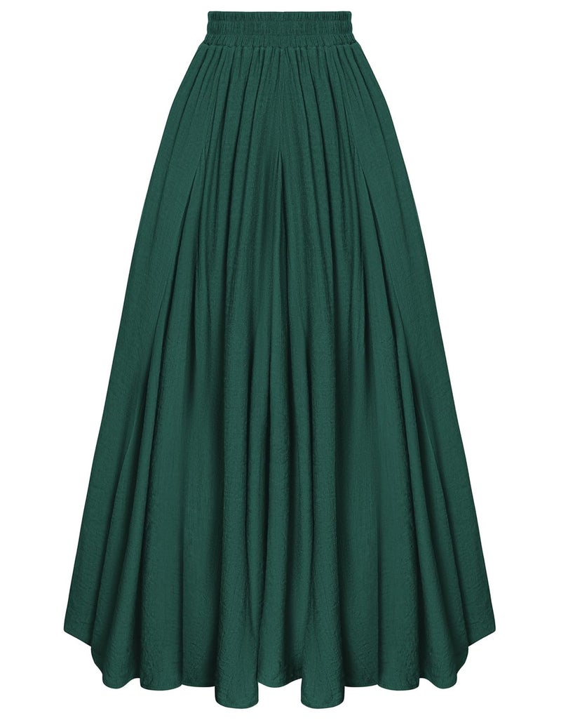 Women Elastic High Waist Swing Maxi Flowy Summer Long Skirt Dark Green M