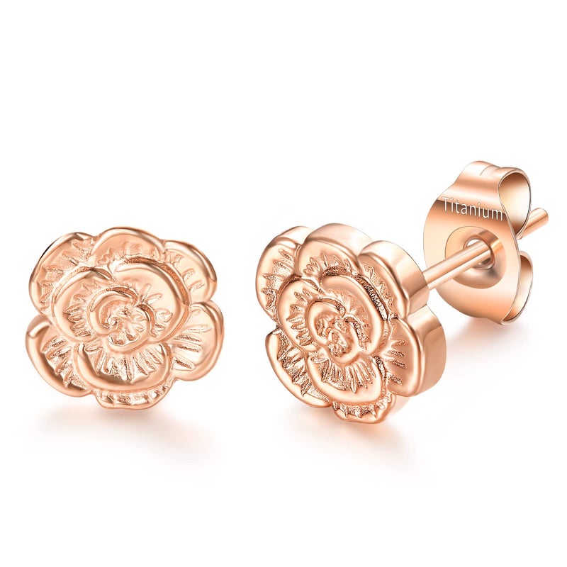 VOJO Implant Grade G23 Titanium Stud Earrings for Sensitive Ears Post Pierced Cartilage Lobe Earring Stud for Women (Rose Gold ROSE) - Image 1
