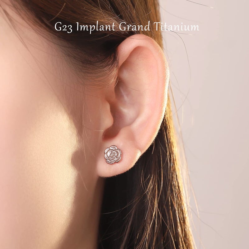 VOJO Implant Grade G23 Titanium Stud Earrings for Sensitive Ears Post Pierced Cartilage Lobe Earring Stud for Women (Rose Gold ROSE) - Image 2