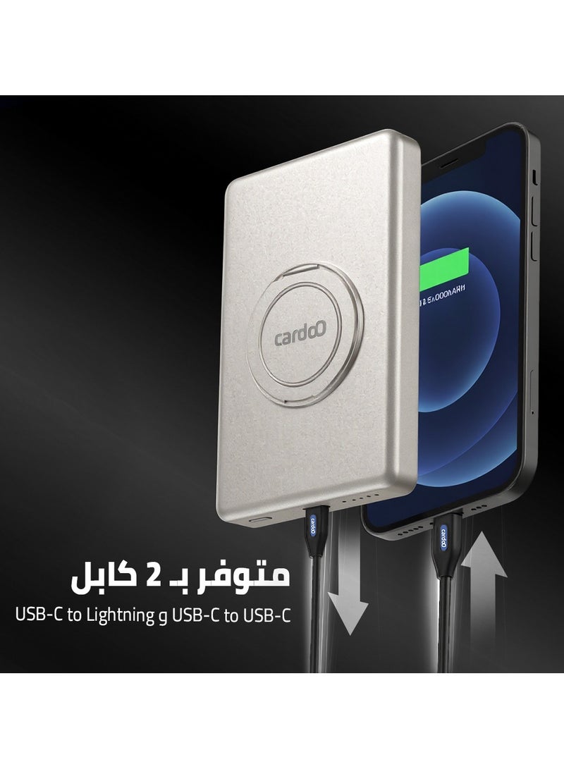 cardoO Power Bank 5000mAh – Slim & Portable – Fast USB-C PD Charging – Universal Compatibility – Silver - Image 4