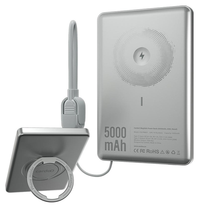 cardoO Power Bank 5000mAh – Slim & Portable – Fast USB-C PD Charging – Universal Compatibility – Silver - Image 1