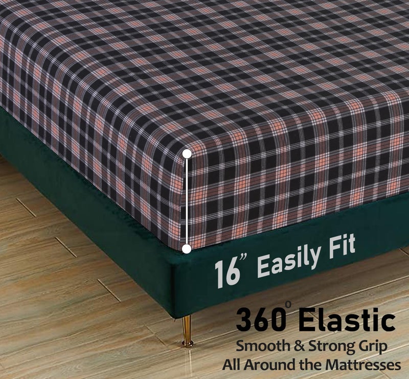 RUVANTI Flannel Sheets Full Size - 100% Cotton Double Brushed Bed Sheets Set, Deep Pockets 16 Inches, All Seasons Breathable & Extra Soft Full Sheets, Warm & Cozy, 4 Piece, Peach & Black Plaid - Image 4