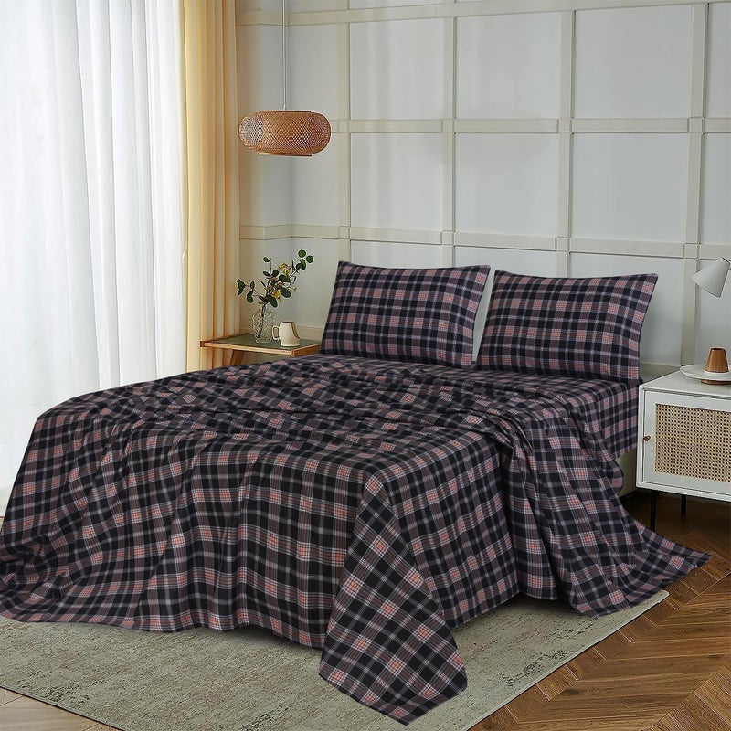 RUVANTI Flannel Sheets Full Size - 100% Cotton Double Brushed Bed Sheets Set, Deep Pockets 16 Inches, All Seasons Breathable & Extra Soft Full Sheets, Warm & Cozy, 4 Piece, Peach & Black Plaid - Image 2