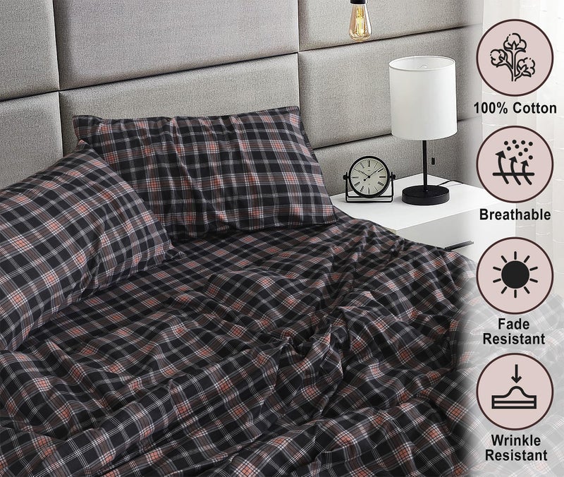RUVANTI Flannel Sheets Full Size - 100% Cotton Double Brushed Bed Sheets Set, Deep Pockets 16 Inches, All Seasons Breathable & Extra Soft Full Sheets, Warm & Cozy, 4 Piece, Peach & Black Plaid - Image 3
