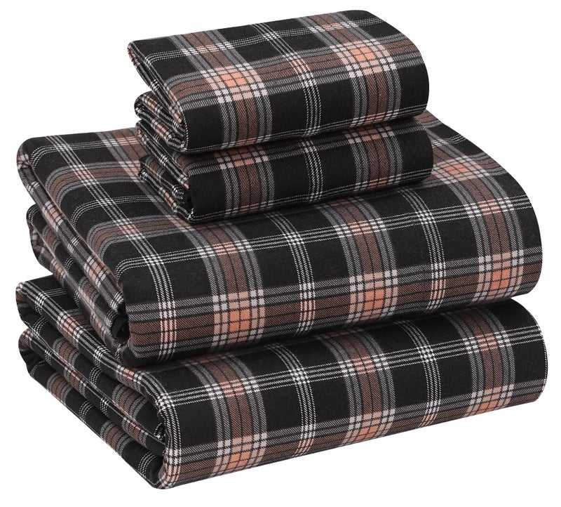 RUVANTI Flannel Sheets Full Size - 100% Cotton Double Brushed Bed Sheets Set, Deep Pockets 16 Inches, All Seasons Breathable & Extra Soft Full Sheets, Warm & Cozy, 4 Piece, Peach & Black Plaid - Image 1
