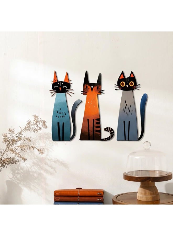 Threehoney 3 Pcs Cat Wall Art Decor Metal Sculptures Decor for Cats Lover 11.81 x 6.34 Inch Colorful Geometric Retro Wall Decoration Signs for Home Living Room Bedroom Office Decoration (Chic) - Image 1