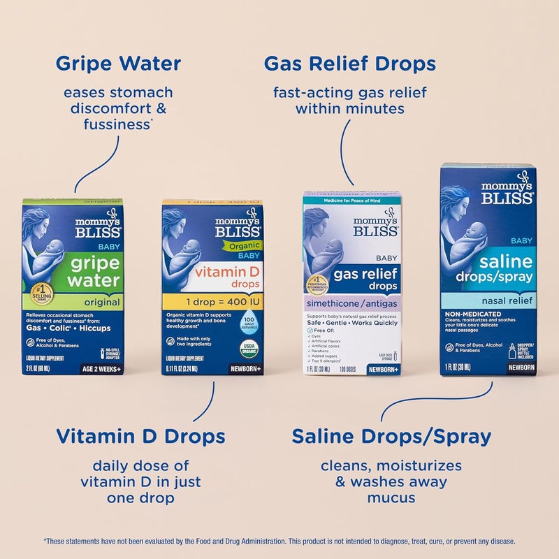 Mommys Bliss 4Piece Newborn and Baby Essentials Kit  With Gripe Water Gas Relief Drops Vitamin D 400IU and Saline DropsSpray  The Perfect Baby Gift - Image 3