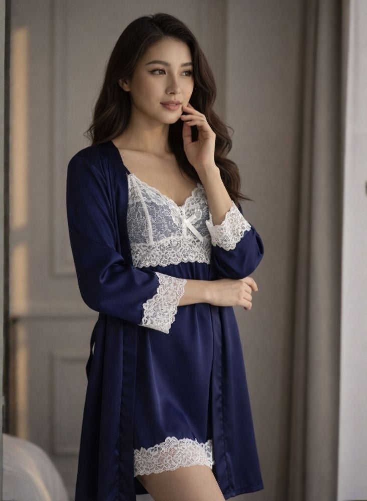 Cute Navy Blue Satin Lace Nightwear Robe Set – Soft Fabric Slip Dress with Luxury Lace Trim - Image 3