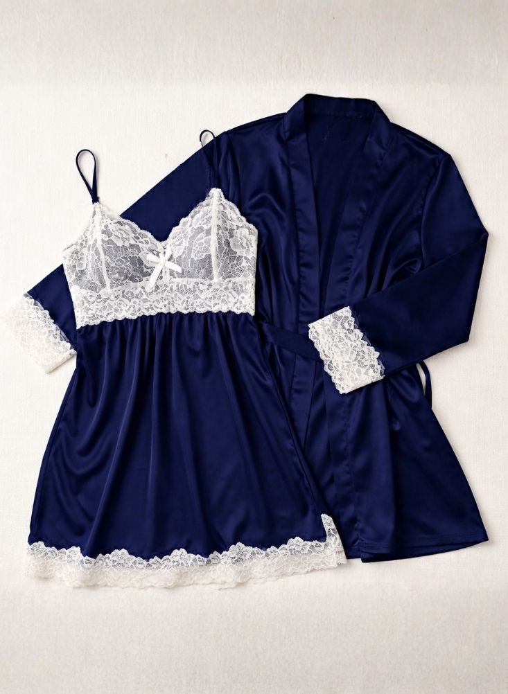 Cute Navy Blue Satin Lace Nightwear Robe Set – Soft Fabric Slip Dress with Luxury Lace Trim - Image 2