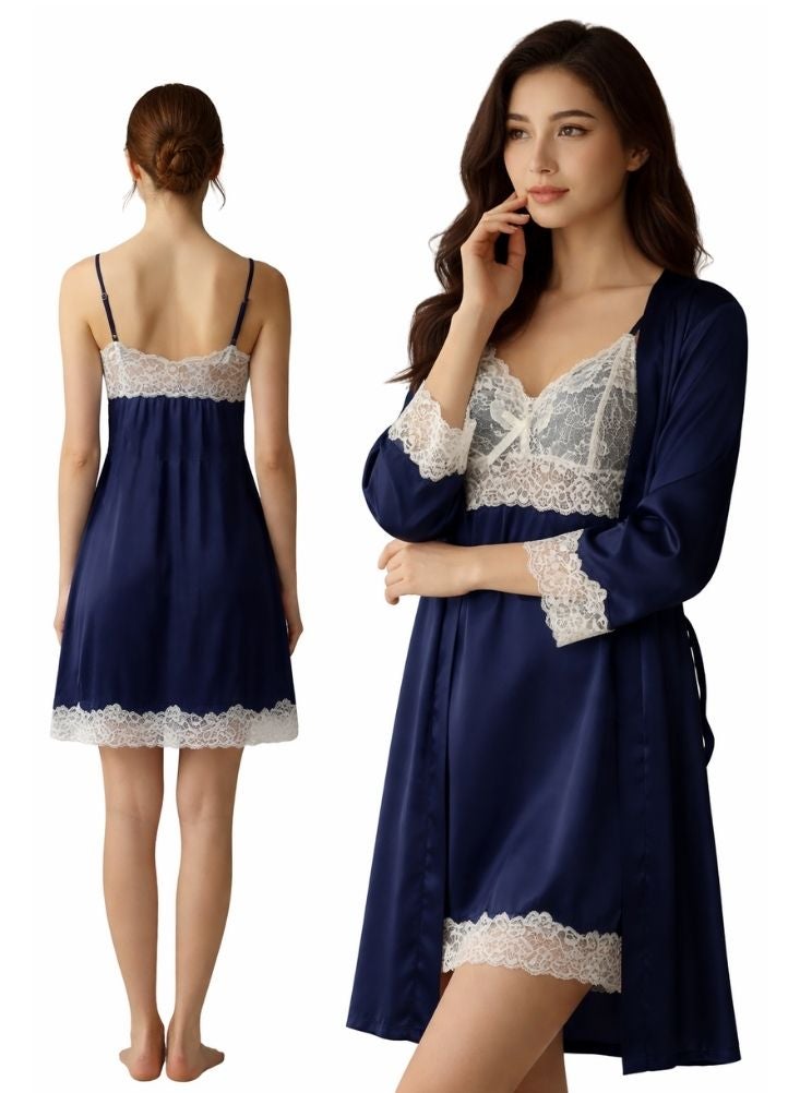 Cute Navy Blue Satin Lace Nightwear Robe Set – Soft Fabric Slip Dress with Luxury Lace Trim - Image 1