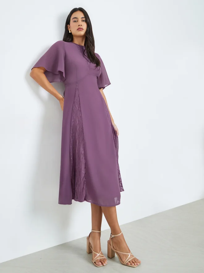 Styli Purple Lace Detail Short Sleeves A-Line Midi Dress