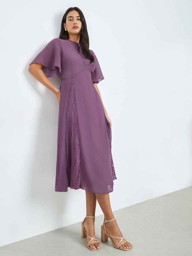 Styli Purple Lace Detail Short Sleeves A-Line Midi Dress - Image 1