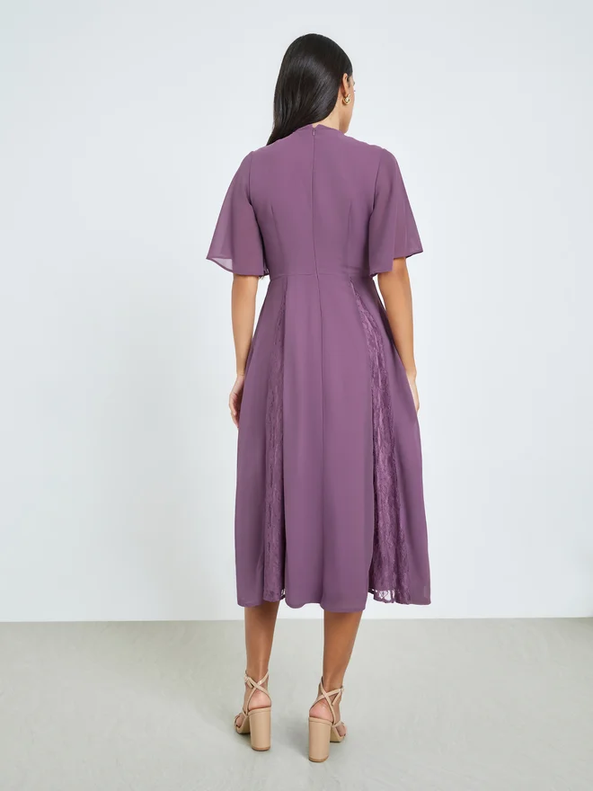 Styli  Styli Purple Lace Detail Short Sleeves A-Line Midi Dress for Women | Best Price UAE