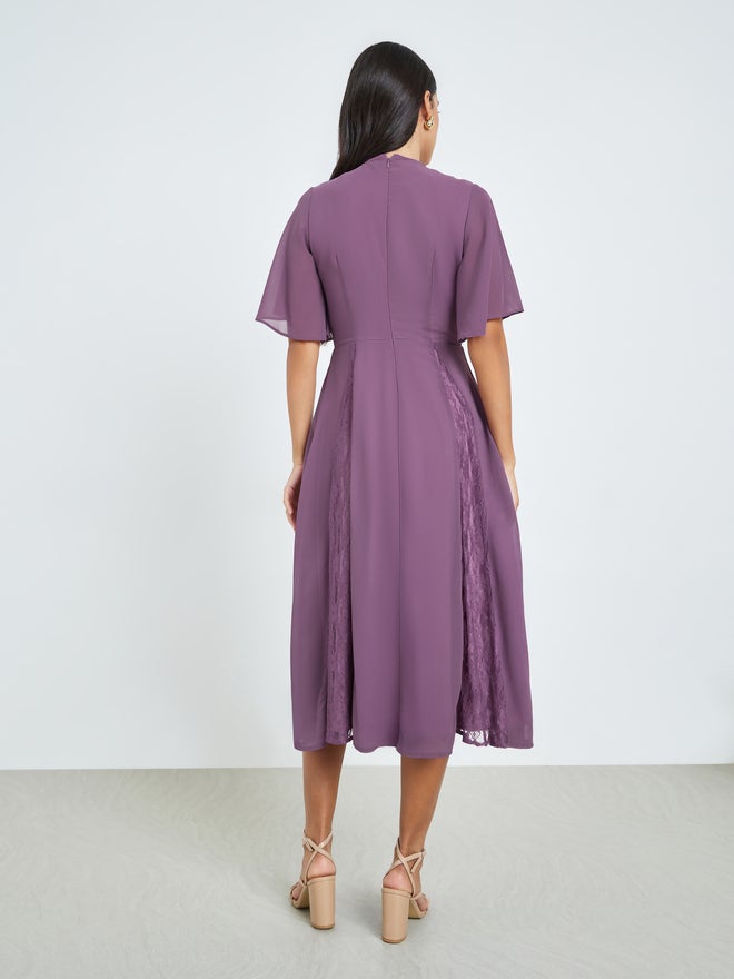 Styli Purple Lace Detail Short Sleeves A-Line Midi Dress - Image 5