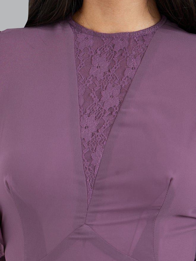 Styli Purple Lace Detail Short Sleeves A-Line Midi Dress - Image 4