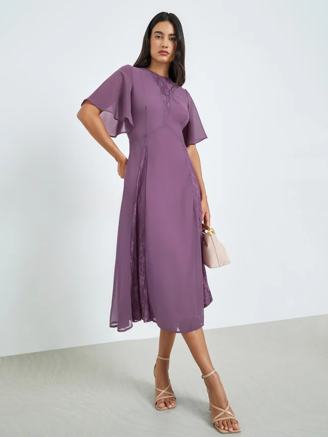 Styli  Styli Purple Lace Detail Short Sleeves A-Line Midi Dress for Women | Best Price UAE