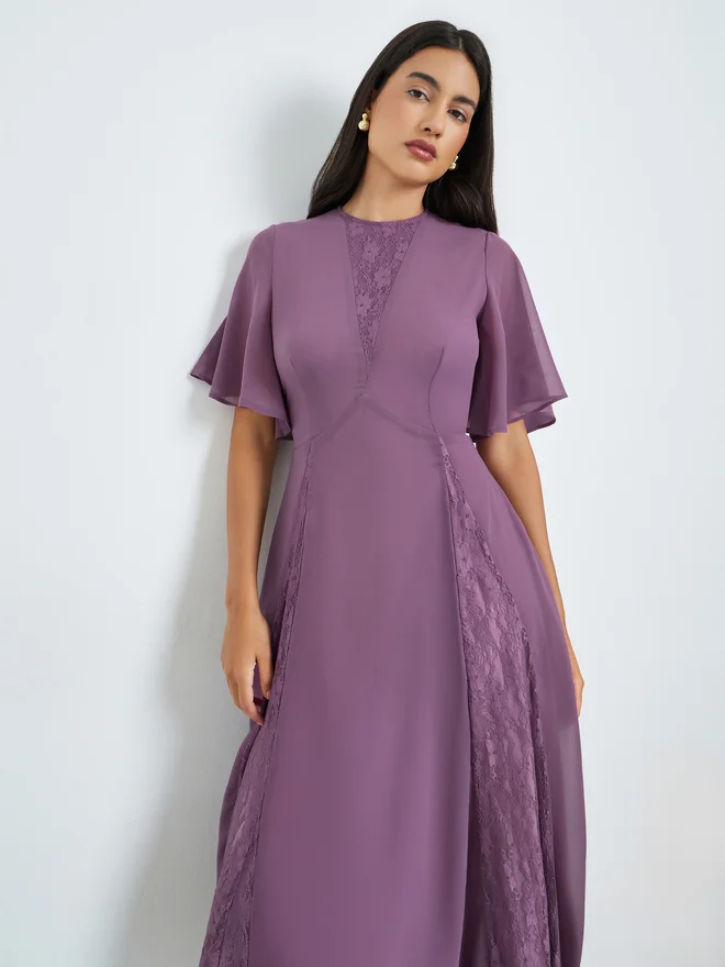 Styli  Styli Purple Lace Detail Short Sleeves A-Line Midi Dress for Women | Best Price UAE