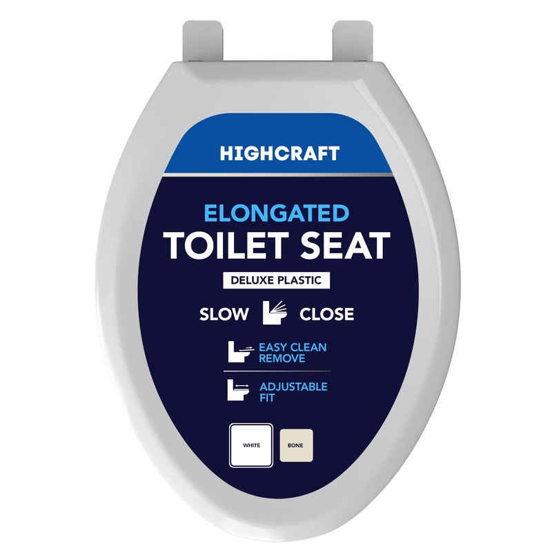 HIGHCRAFT Premium Elongated Toilet Seat with SlowClose Design Adjustable Hinges Quick Removal Mechanism Plastic Toilet Seat Fits Standard Elongated Toilets Oval Toilet Seat in White - Image 2