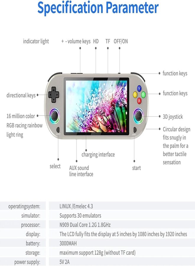 SUKILO Handheld Game Console 5-Inch Display, Retro Mini Gaming Console with Gamepad, 64G Card, 11000+ Games, RGB Joysticks, 3000mAh Battery – Portable & Rechargeable – Grey Colour  - Image 5