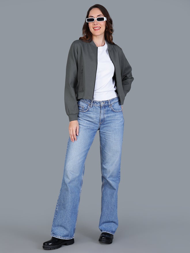 Fort Collins Women Grey Crop Bomber Jacket - Image 2