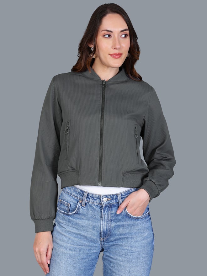Fort Collins Women Grey Crop Bomber Jacket - Image 1