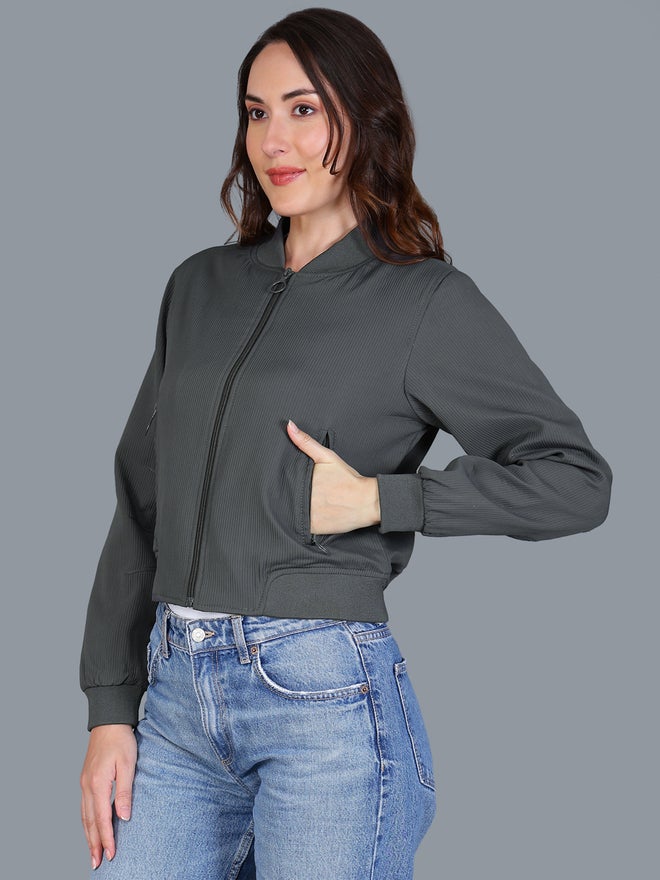 Fort Collins Women Grey Crop Bomber Jacket - Image 3