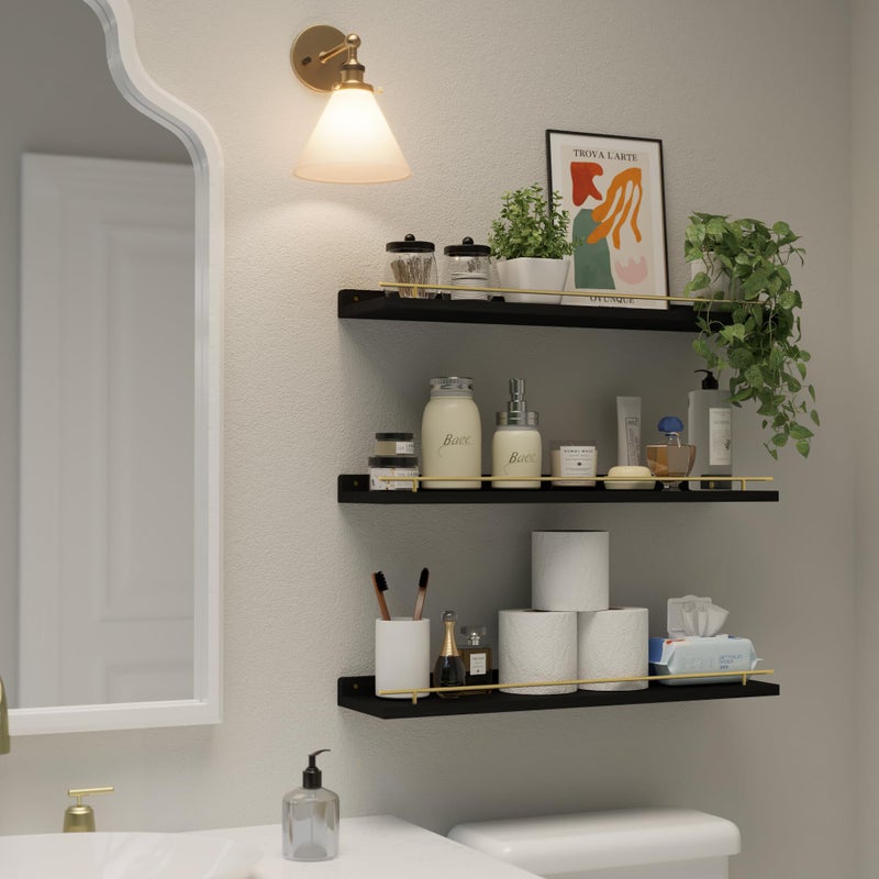 WOPITUES Floating Shelves 24 inch with Gold Metal Guardrail, Shelves for Wall Decor Set of 3, Wall Shelves for Bedroom, Bathroom, Kitchen, Living Room, Plants, Picture Frames, Art- Black and Gold - Image 4